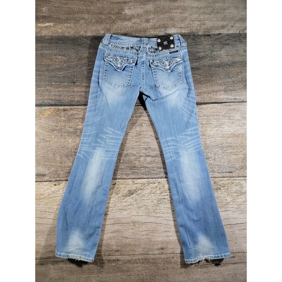 Miss Me Distressed Boot Cut Rhinestone  Denim Jeans 29x34 - Picture 5 of 12
